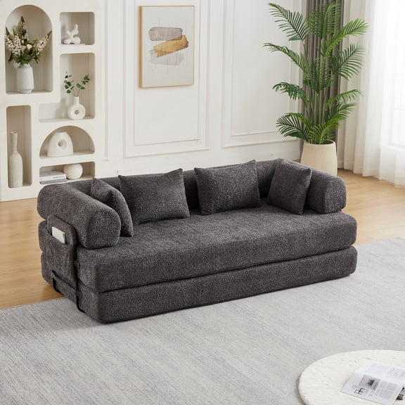 FFZ 78.7 inch Convertible Sleeper Sofa Bed with Cylindrical Pillow and Side Pocket, Grey