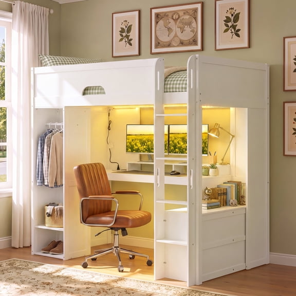 FFZ 78"L Twin Loft Bed with L-Shaped Desk, Storage Cabinet, Wardrobe and LED Lights, White