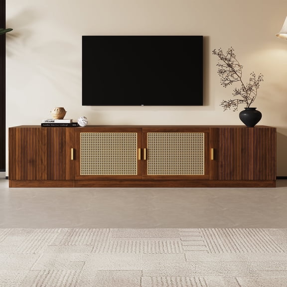FFZ 78 inch TV Stand with Rattan Doors and Adjustable Shelves for Living Room, Walnut