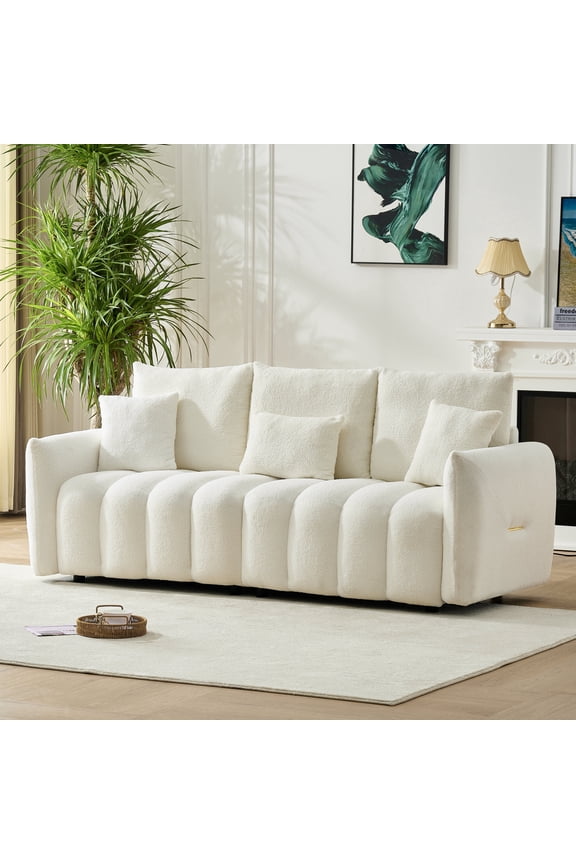 78 inch Teddy Fabric Sofa with 3 Back Pillows and Cushions, Solid Wood Frame, Off White