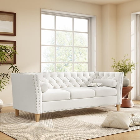 FFZ 79.5 inch Transitional 3-Seater Sofa with Flared Arms, Beige