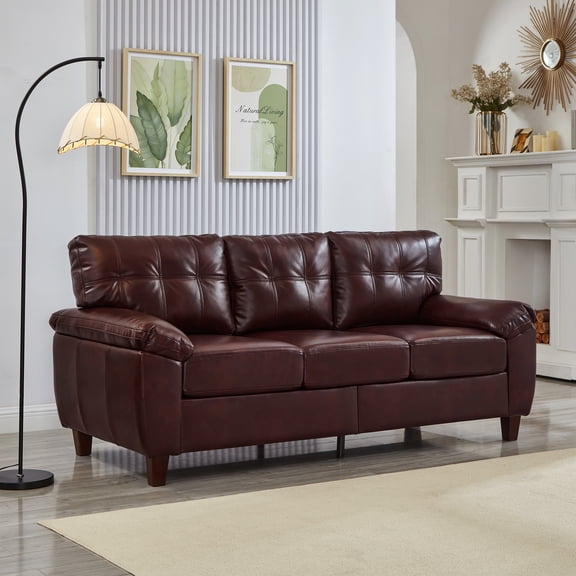 FFZ 79 inch Three Seater Sofa with Storage and Large Armrests, Faux Leather Couch, Burgundy