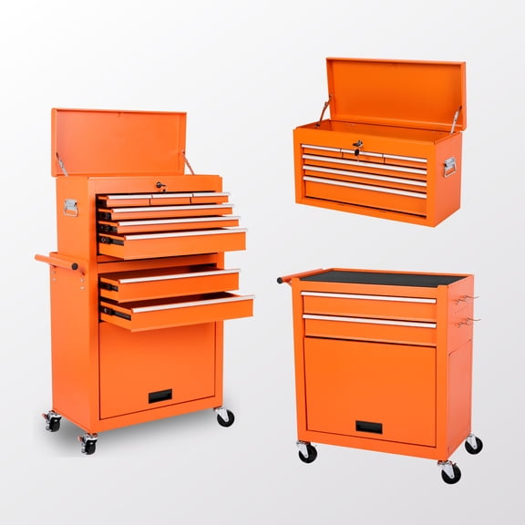 FFZ 8-Drawer Rolling Tool Chest with Detachable Top Box, Liner and Side Hooks, 24.4 x 13 x 42.5 inch, Orange