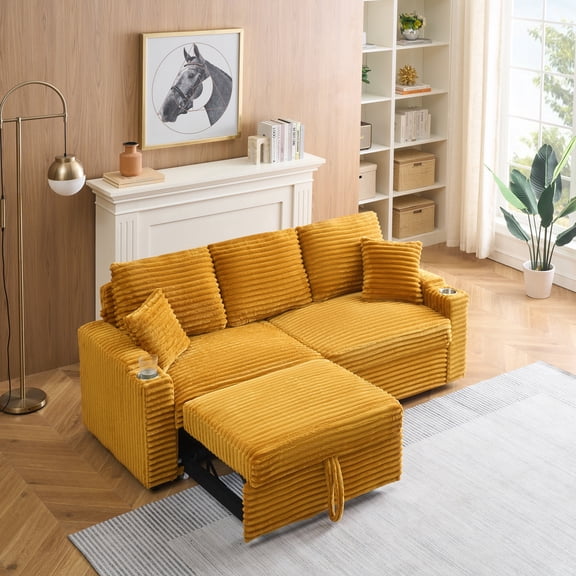 FFZ 80 inch 2-in-1 Pull-Out Sofa Bed with Cup Holder and Pillow, Corduroy Fabric, Orange