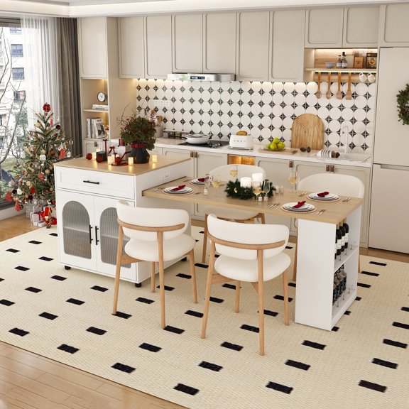 FFZ 80 inch Expandable Kitchen Island Prep Dining Table Solid Wood Grain Countertop Power Outlet Cart, White
