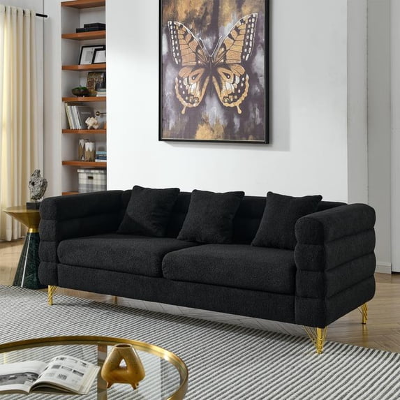 FFZ 81 Inch Oversized 3 Seater Sectional Sofa Comfort Fabric Deep Soft 3 Pillows Black Teddy For Living Room Bedroom Office