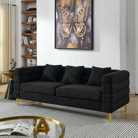 FFZ 81 Inch Oversized 3 Seater Sectional Sofa with Teddy Fabric and 3 Pillows, Black