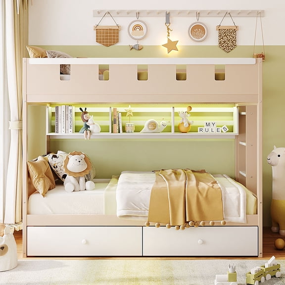 FFZ 81"L Twin Castle Style Loft Bed with 2 Drawers, Shelf and LED, Pink+White