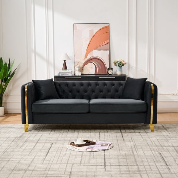 FFZ 81"L Velvet Chesterfield Sofa with Button Tufting and Gold Legs, Black