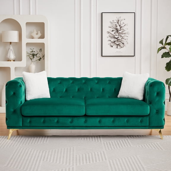 FFZ 82.5 inch Chesterfield-Style Sofa with Tufted Velvet Upholstery, 2 Throw Pillows, Metal Legs, Green
