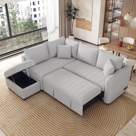 FFZ 82.6" L-Shaped Sectional Pull-Out Sofa Bed with 2 USB Ports, 2 Power Sockets and Movable Storage, Gray