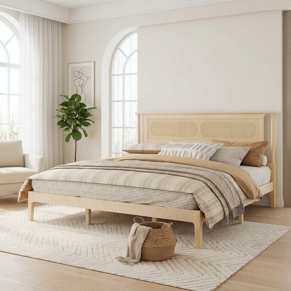 FFZ 82.8"L King Size Pine Wood Bed with Rattan Headboard and Under-Bed Storage, Natural
