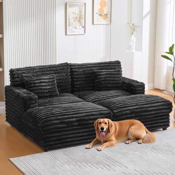 FFZ 82"L Double Chaise Lounge Sofa Bed with Faux faux fur and 2 USB Ports, Black