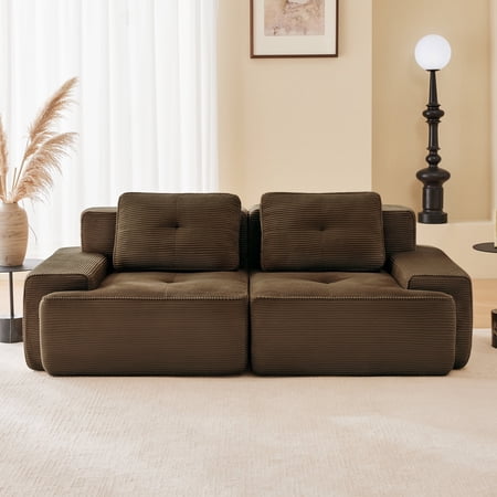FFZ 82" L-Shaped Modular Sectional Sofa with Corduroy Fabric, Deep Seat, Tufted Design, No Assembly, Brown
