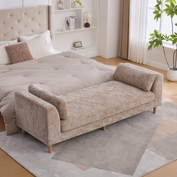 FFZ 83.1" Upholstered End of Bed Bench with Armrests, Chenille Chaise Lounge Couch with 2 Bolster, Wheat