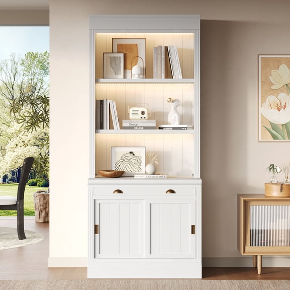 FFZ 83.4" Tall Bookshelf with 3-Layer LED Lighting, Sliding Doors & Open Shelves for Living Room/Home, White