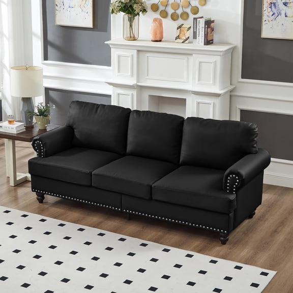 FFZ 83 inch Modern Classic Sofa with Nailhead Trim and Imitation Cowhide Leather, Black