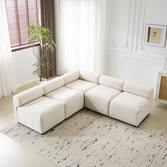 FFZ 83 inch V-Shaped Modular Sectional Sofa with Round Back and Solid Wood Frame, Beige