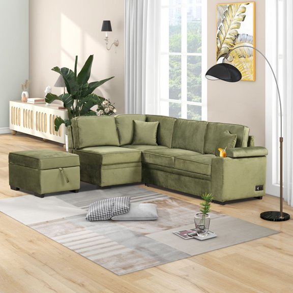 FFZ 84.75 inch 2 in 1 Pull Out Sleeper Sofa Bed with Storage Ottoman, Green