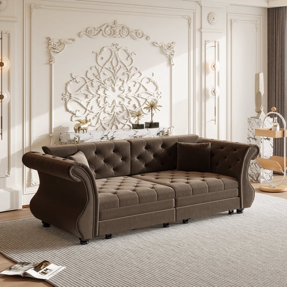 FFZ 84"L Chesterfield Sofa Bed with Roll Armrests and Flower Tufting, Velvet, Brown