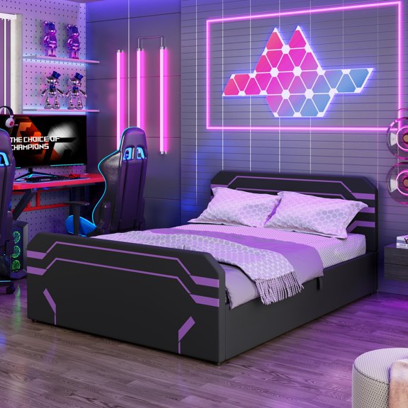 FFZ 85.4"L Queen Gaming Platform Bed with Side-Lift Hydraulic Storage, Futuristic Pattern, Purple