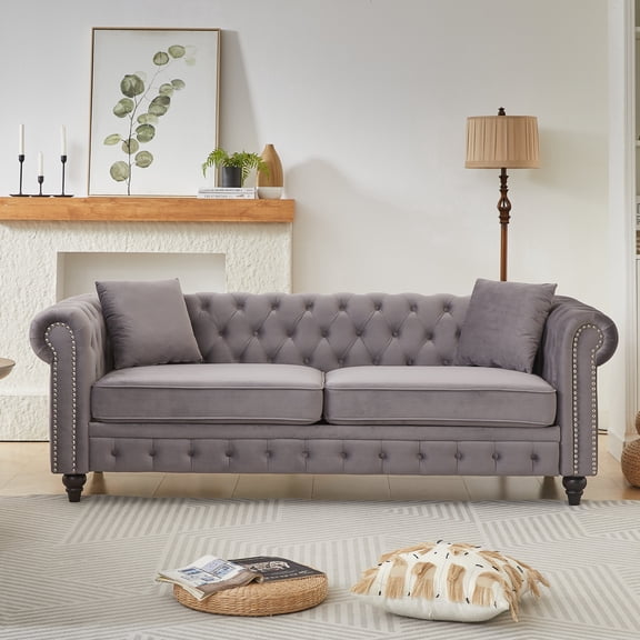 FFZ 85.5" Chesterfield Sofa with Rolled Arms, Button Design and 2 Cushions, Grey