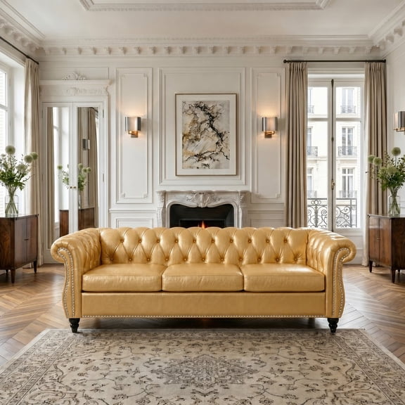 FFZ 85"L Chesterfield Sofa with Rolled Armrests and PU Leather, Gold