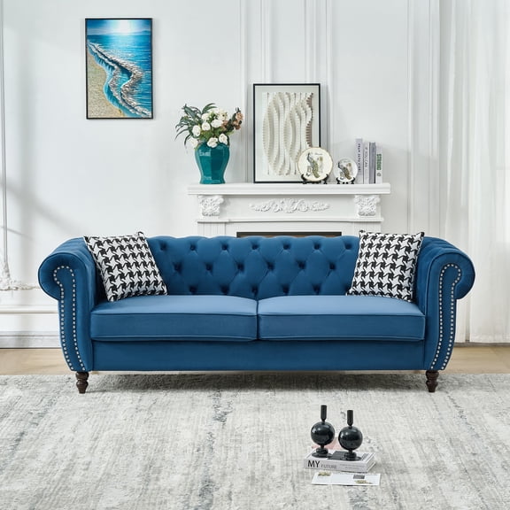 FFZ 85 inch Chesterfield Velvet Sofa with Roll Armrest and Nailhead, 3-Seater Couch, Blue