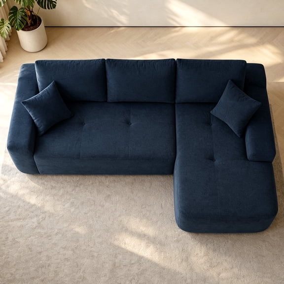 FFZ 85 inch Cloud Sectional Sofa with L-Shape Chaise and Spring Pack Support, Cotton Linen Fabric, Blue
