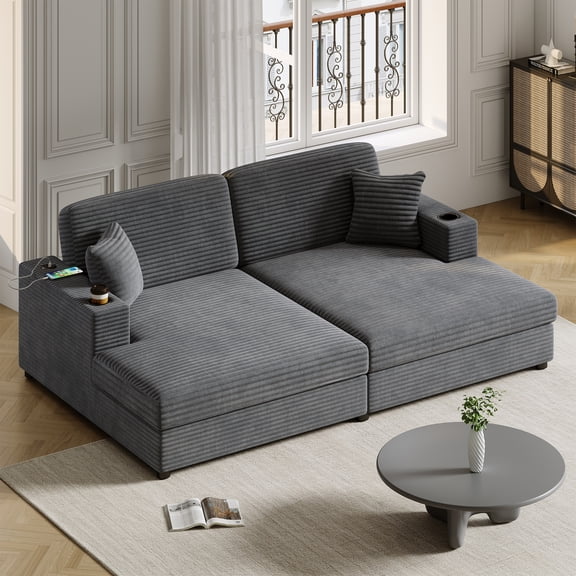 FFZ 86.5inch Oversized Loveseat Chaise Lounge Sleeper Sofa Bed with Two USB Ports, Dark Gray