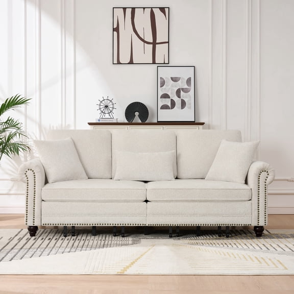 FFZ 86" King Pull Out Sofa Bed with Chenille Fabric, Nailhead Trim & Rolled Arms, Beige