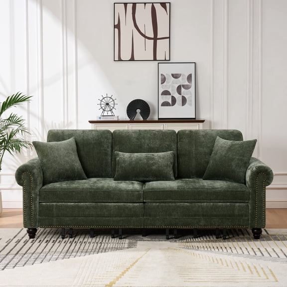FFZ 86 inch King Pull Out Sofa Bed with Nailhead Trim and Rolled Arms, 3-in-1 Convertible Sleeper, Green
