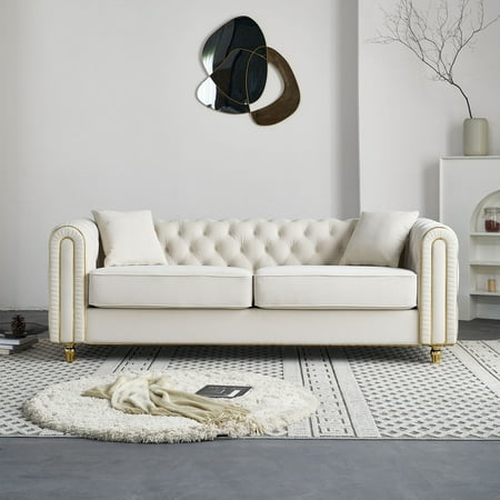 FFZ 86 inch W Modern Tufted Sofa 2 Toss Pillows Beige Color For Living Room Bedroom