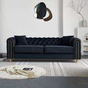 FFZ 86 inch W Modern Tufted Sofa 2 Toss Pillows Black Color For Living Room Bedroom