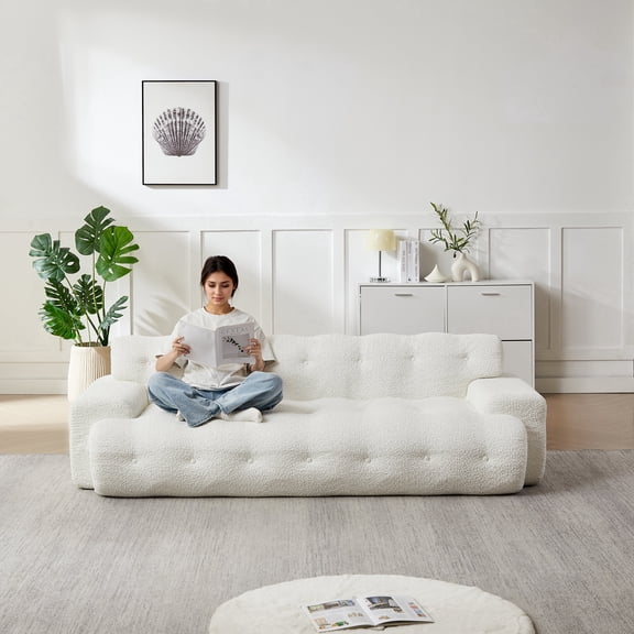 FFZ 87.4 inch Cloud Series Minimalist Button-Tufted Square Arm Three-Seater Sofa with Chenille Fabric, White