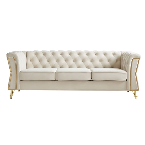 FFZ 87.4 inch Modern Tufted Velvet Sofa with Gold Metal Accents and Diamond Seam Back, Beige