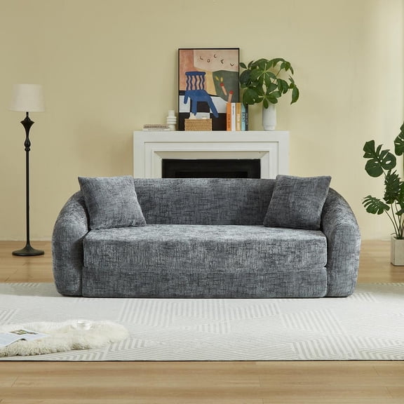 FFZ 87 inch Curved Convertible Sofa Recliner, Chenille, Grey