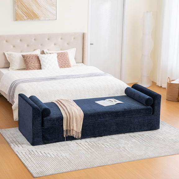 FFZ 88.58 inch Modern Chenille Chaise Lounge with Armrests and Bolster Pillows, Navy