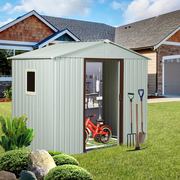 FFZ 8ft x 4ft Outdoor Metal Storage Shed With window and metal foundation White