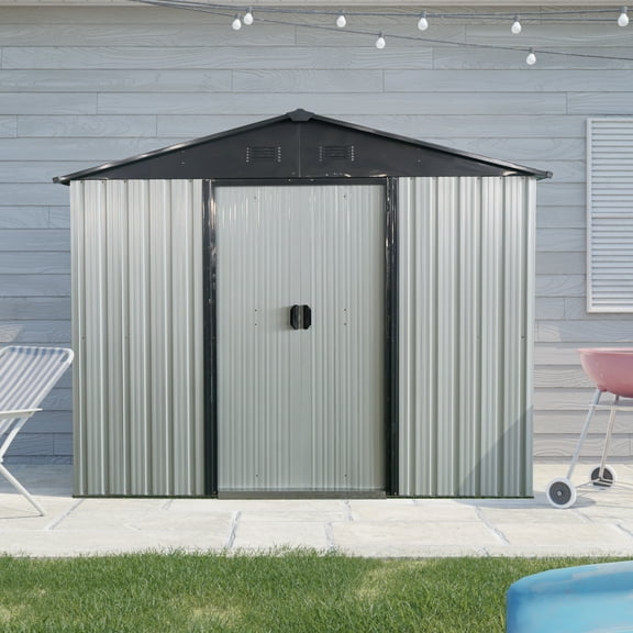 FFZ 8ft x 4ft Outdoor Metal Storage Shed with Sliding Door and foundation for Backyard, Patio, Lawn - White and Black