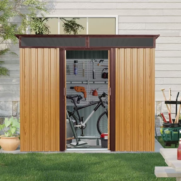 FFZ 8x6 FT Outdoor Metal Storage Lockable Sliding Doors Coffee 93.75x68.5x77.25 inch