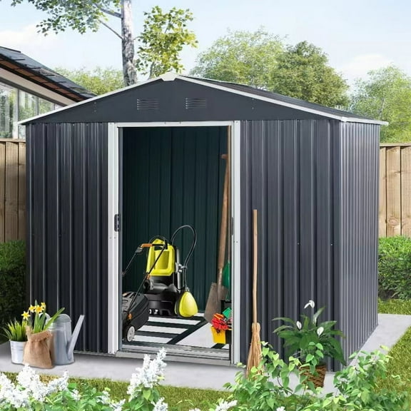 FFZ 8x6 FT Outdoor Metal Storage Shed Metal Foundation Black 89x64x75 inch
