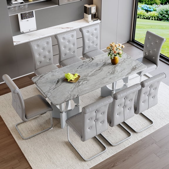 FFZ 9-Piece Dining Table Set with Faux Grey Marble Top and 8 Upholstered Chairs, Grey