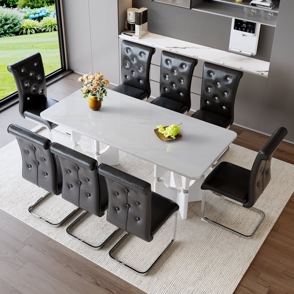 FFZ 9-Piece Rectangular Dining Table Set with 8 Chairs, White Faux Marble and Black PVC, Black
