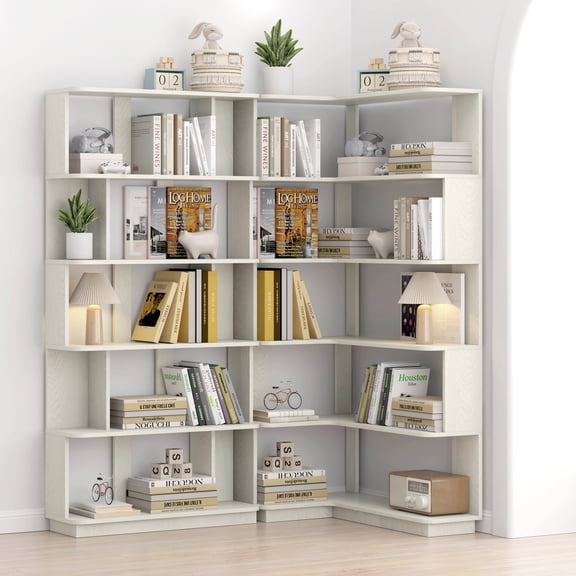 FFZ 90 cm Space Saving Corner Bookshelf and 80 cm Bookcase Set of 2, White Oak