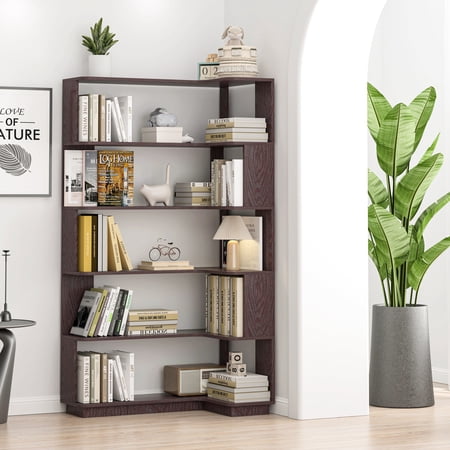FFZ 90cm Freestanding Corner Bookshelf with Anti-Drop Panel and Anti-Tipping Device, Ox Blood Red