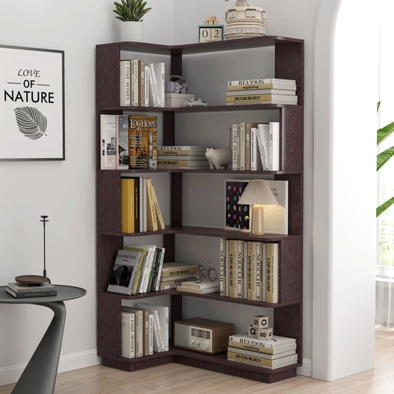 FFZ 90cm L-Shaped Corner Bookshelf with Anti-Drop Device and Open Storage Organizer, Ox Blood Red