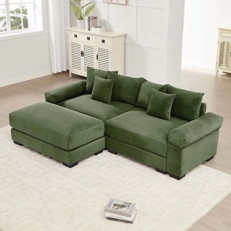 FFZ 92 inch Oversized Cloud Modular Sectional Sofa with Chaise, Deep Seat and Corduroy Fabric, Green