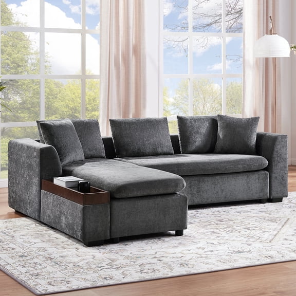 FFZ 93.7" L-Shaped Sectional Sofa with Chenille Upholstery, Wooden Storage, Deep Seats, Gray