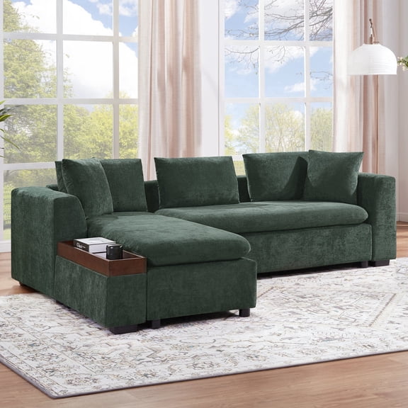 FFZ 93.7 inch L-Shaped Chenille Sofa with Wooden Storage Compartment, Green